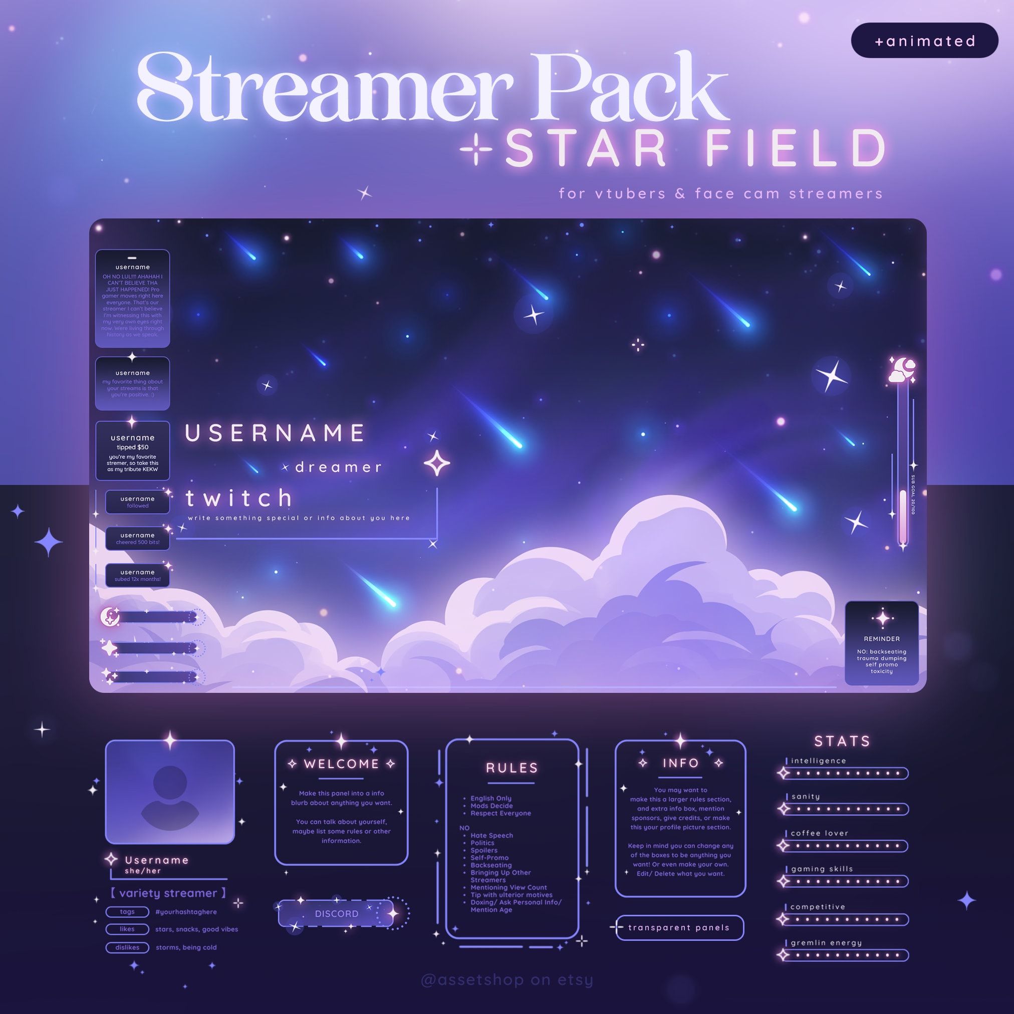 Star Field Stream Pack – Cosmic Themed Twitch Overlay | Celestial | Space | Blue Pink | Animated | Sky | Vtuber | Chat Widget | Sub Goal