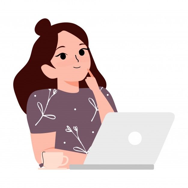 Conceito de idéia. Mulher jovem sorridente, sentado com chá e usar um laptop e ilustração dos desenhos animados de pensamento | Vetor Premium