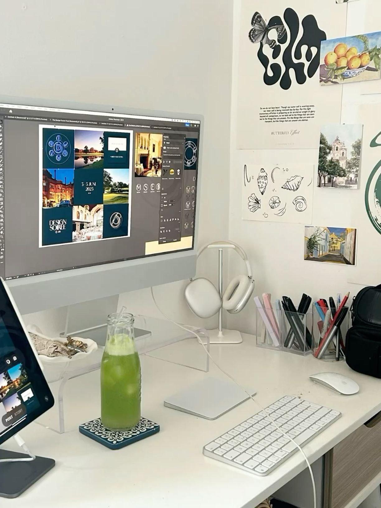 Cozy, minimalistic desk setup for digital planning, working from home, studying and productivity tip